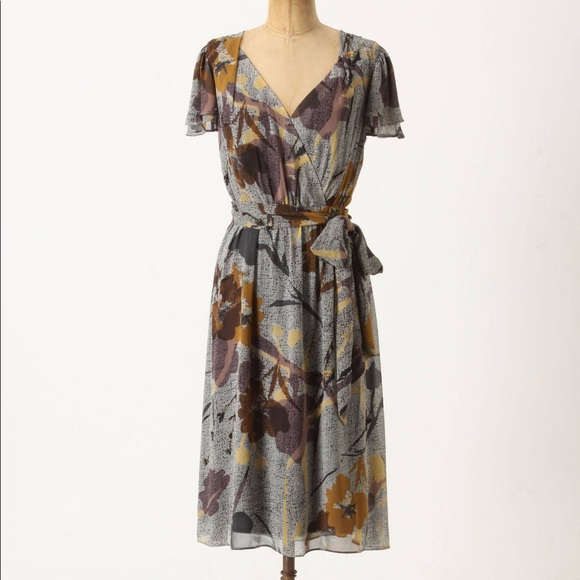 Anthro Maeve Silk Flutter Sleeve Abstract Floral Print Faux Wrap Dress - Picture 3 of 7